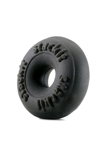 Black rubber donut-shaped kila skin stackit ring with embossed text around the circumference