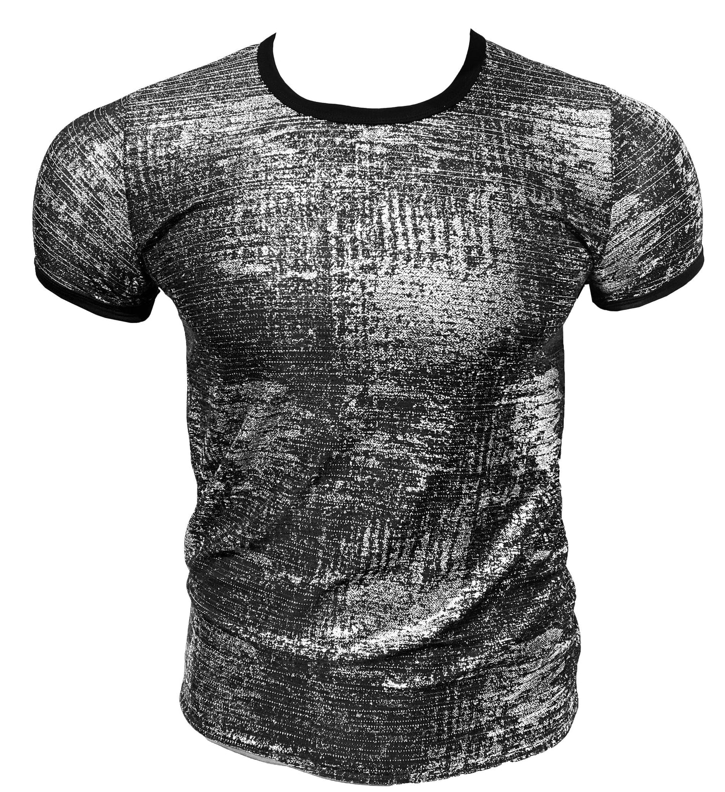 Silver leaf tee short-sleeve t-shirt in black and silver textured fabric with black ribbed neckline and cuffs