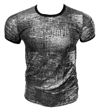 Silver leaf tee short-sleeve t-shirt in black and silver textured fabric with black ribbed neckline and cuffs