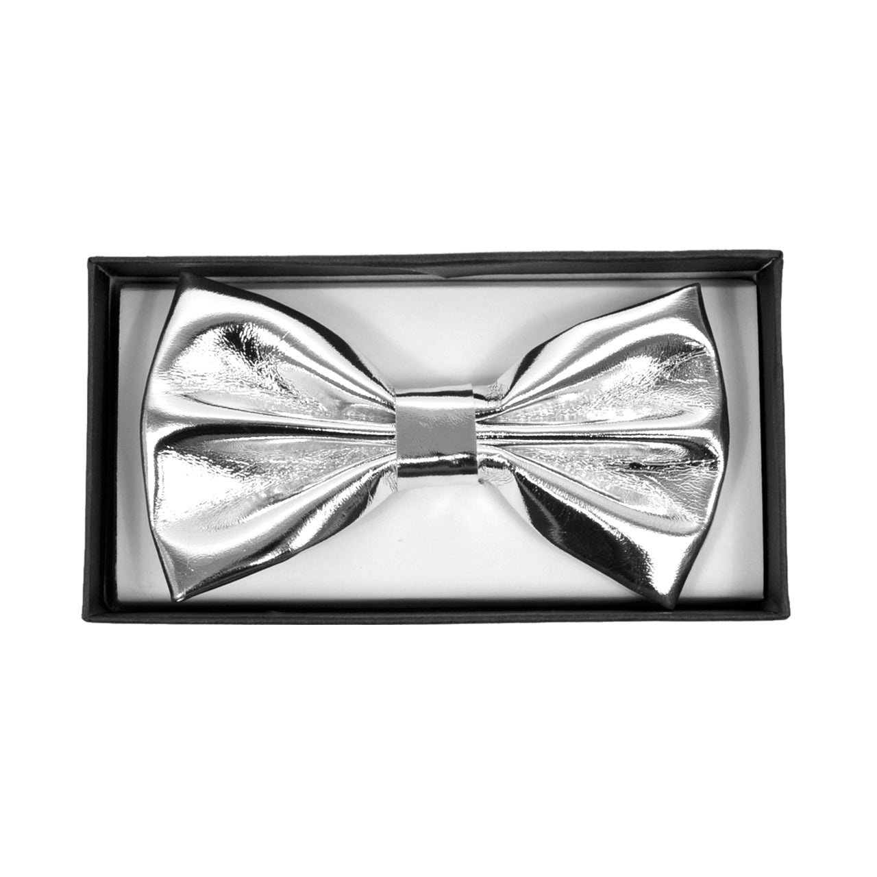 Shiny silver metallic bow tie with a sleek reflective finish from the silver or gold bow tie collection