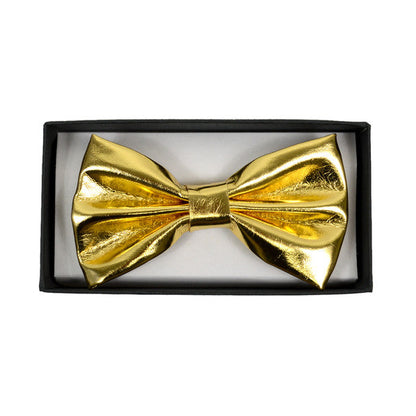 A shiny gold metallic bow tie displayed in a black gift box from silver or gold bow tie collection