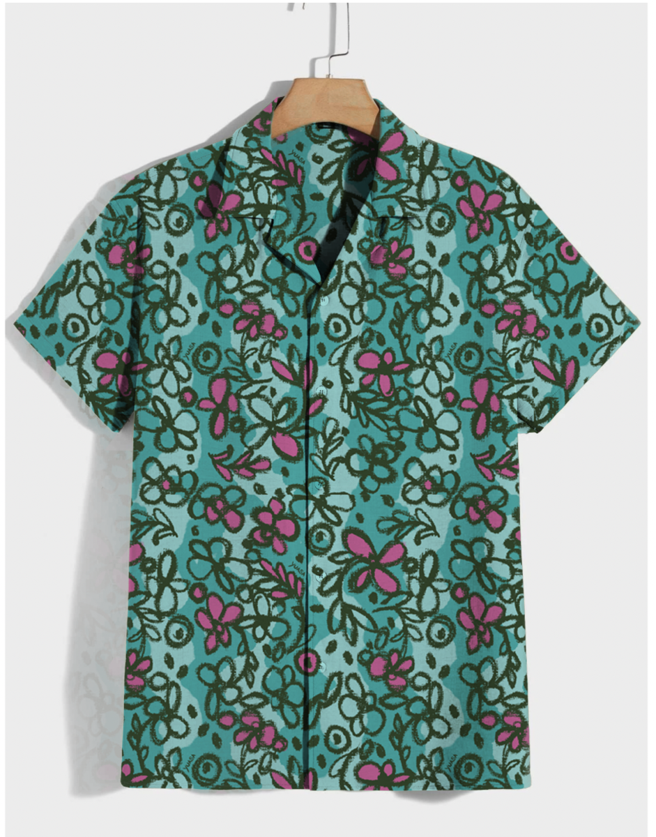 A teal short-sleeved hawaiian shirt with vibrant pink and dark green floral pattern sketchbook cosmos s s shirt