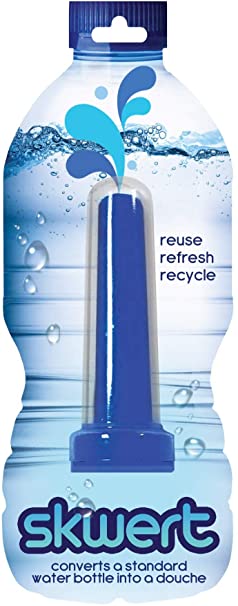 Blue skwert water bottle douche converter with sleek cylindrical design in transparent packaging for easy use
