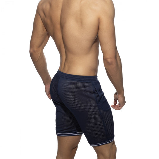 Navy blue mesh slam bermuda shorts with white trim along hem and waistband for athletic use