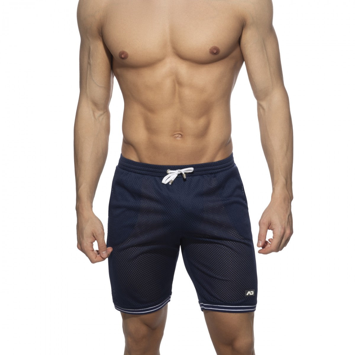 Navy blue mesh slam bermuda shorts with white drawstring and striped hem designed for athletic use