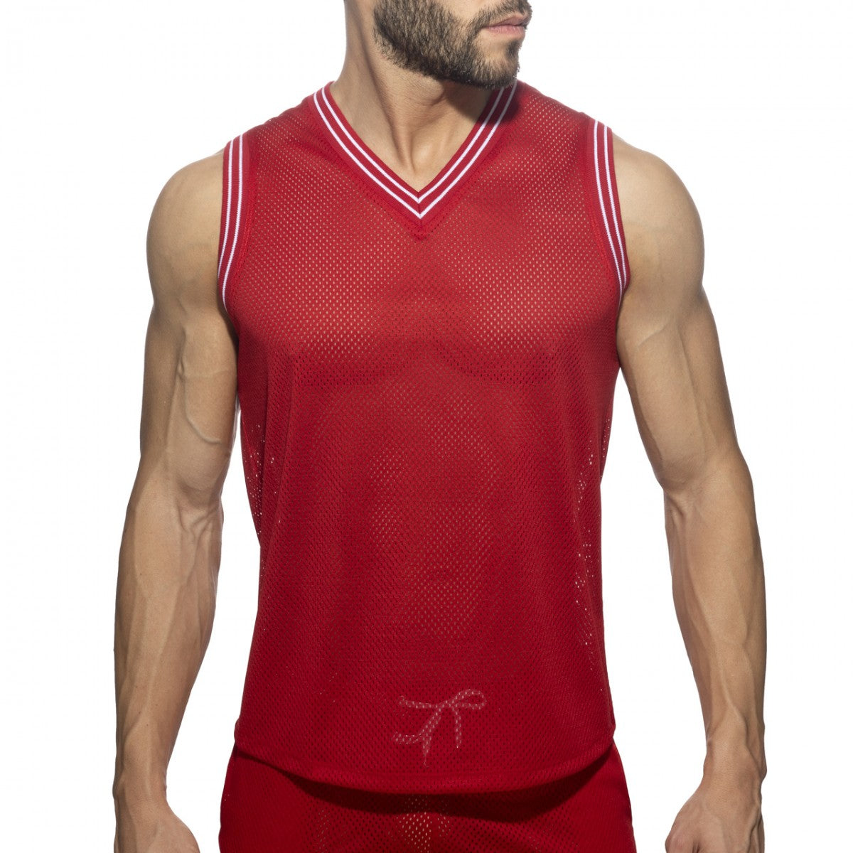Red mesh basketball sleeveless t-shirt with white trim and subtle bow detail at the bottom slam v-neck style