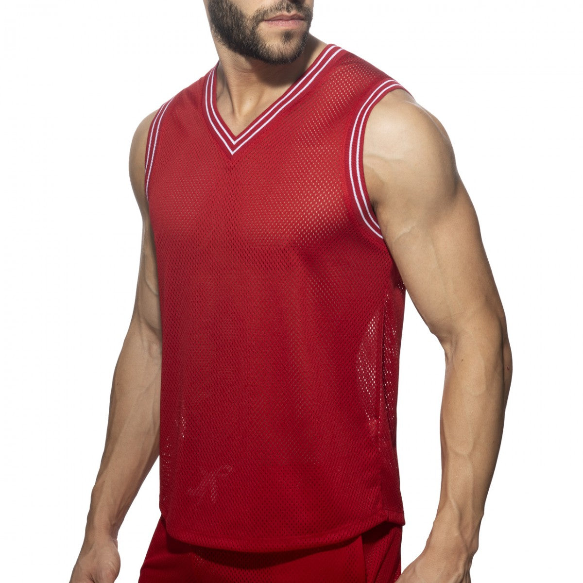 Slam v-neck sleeveless t-shirt red mesh basketball jersey with white trim on v-neck and armholes