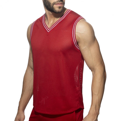 Slam v-neck sleeveless t-shirt red mesh basketball jersey with white trim on v-neck and armholes