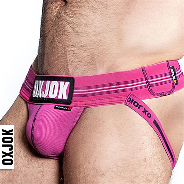 Bright pink slingjock jockstrap briefs with black logo patch and striped detailing for men