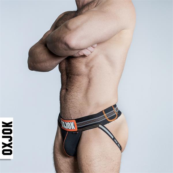 Black oxjok branded slingjock jockstrap in black with orange and gray accents for athletic support