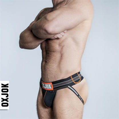 Black oxjok branded slingjock jockstrap in black with orange and gray accents for athletic support