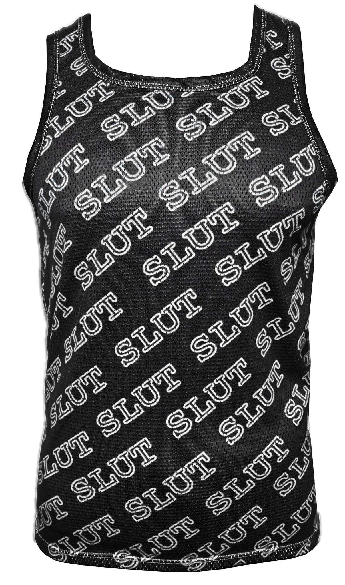 Black mesh sports tank top with white slut text printed diagonally across the fabric for edgy style