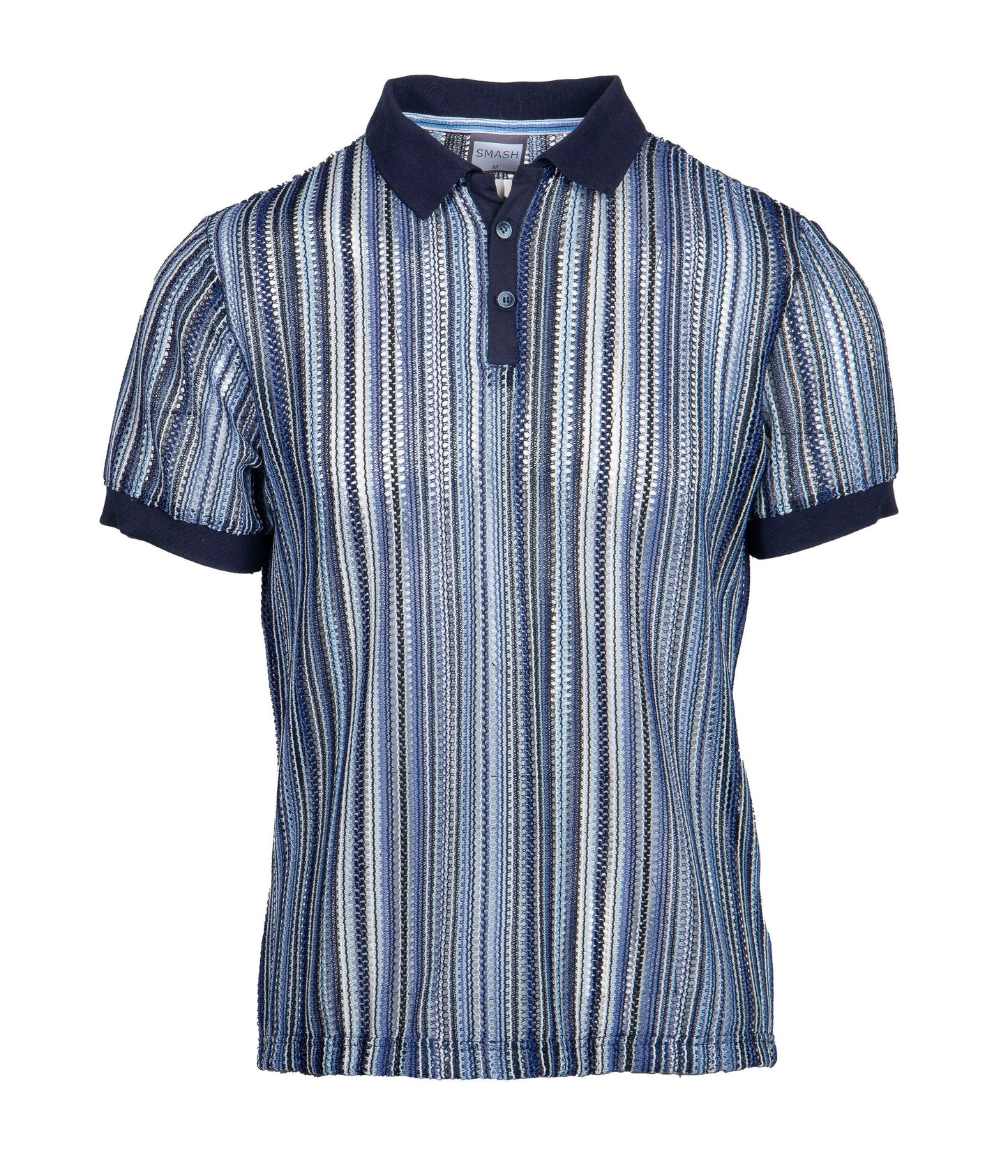 Smash knit polo navy blue and white striped short sleeve shirt with textured knit pattern and classic collar