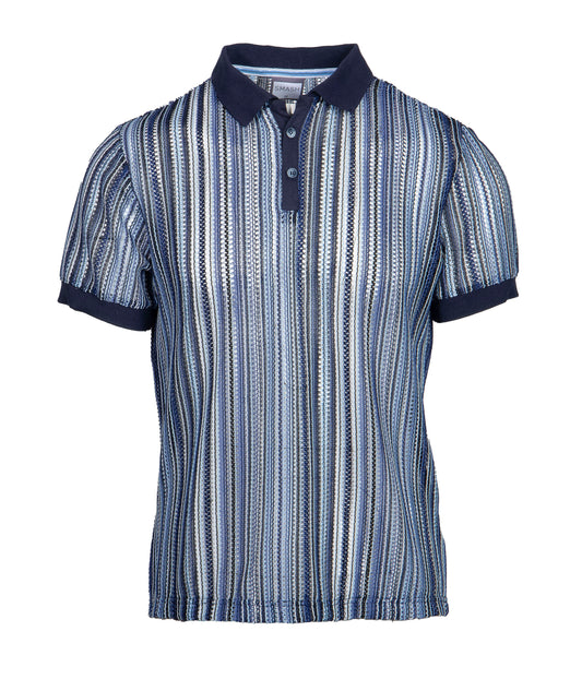 Smash knit polo navy blue and white striped short sleeve shirt with textured knit pattern and classic collar