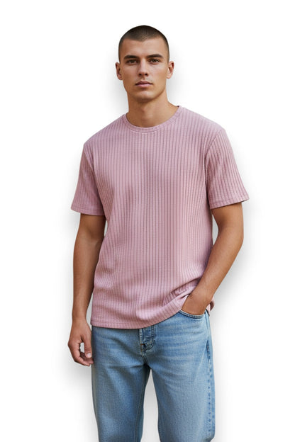 A soft pink ribbed cotton smash novelty top with a classic crew neck and short sleeves