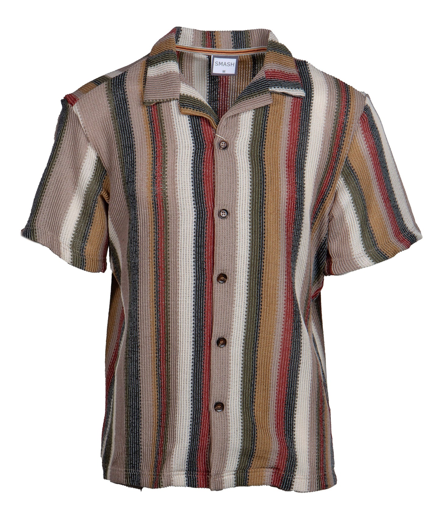 Smash s s stripe button down shirt short-sleeved with vertical earthy stripes in textured fabric
