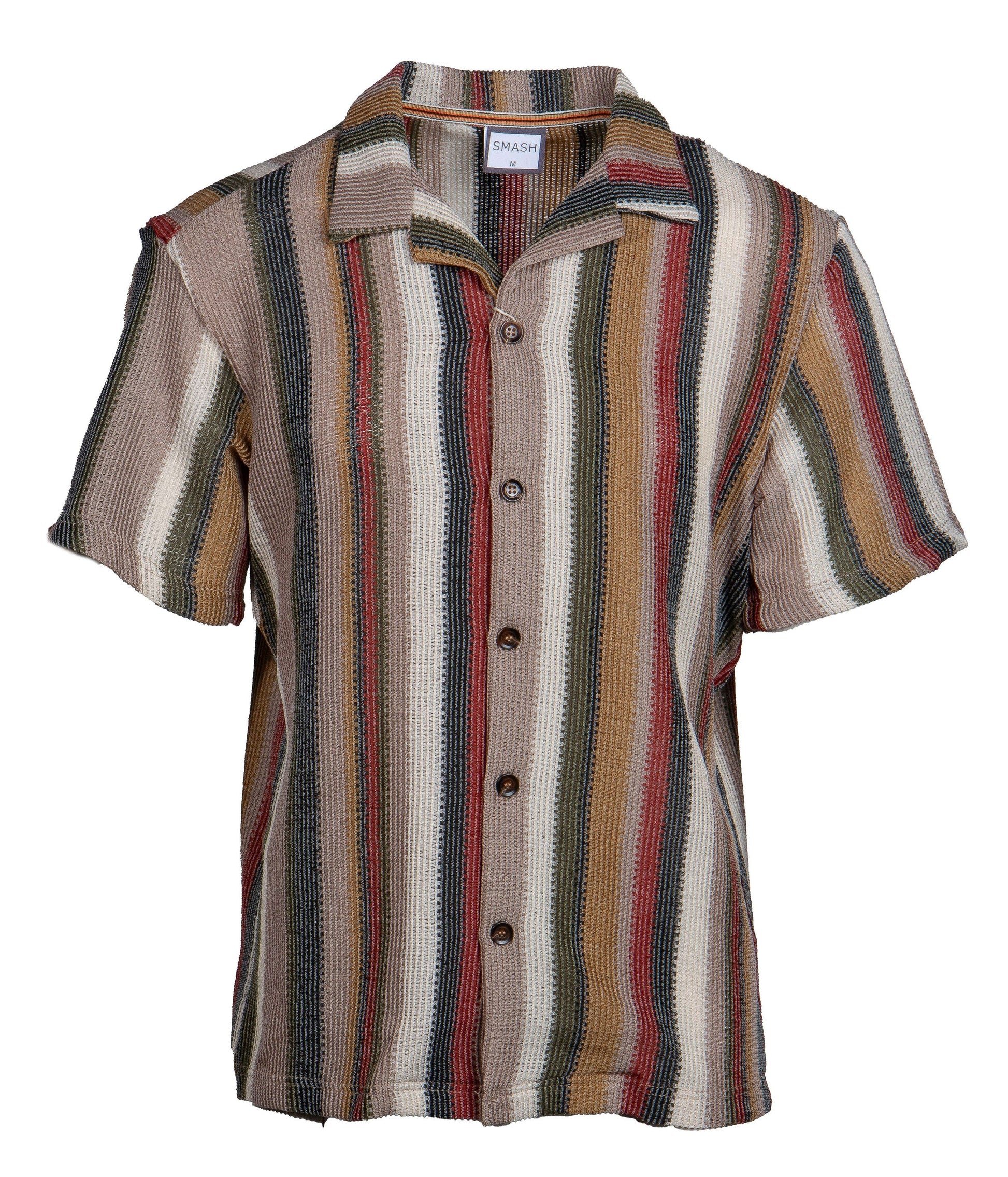 Smash s s stripe button down shirt short-sleeved with vertical earthy stripes in textured fabric