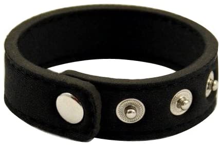 Black leather snap neoprene ring bracelet with silver-toned snap buttons designed for secure wear