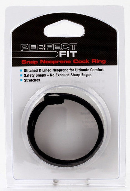 Black snap neoprene cock ring in clear plastic packaging with perfect fit branding for comfortable wear