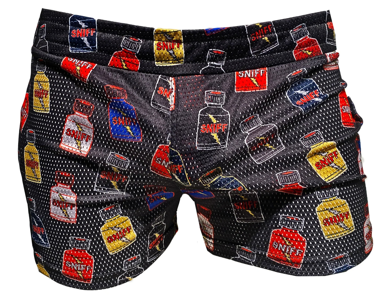 Black mesh sniff print booty shorts with colorful red yellow and blue cartoon bottle graphics all over