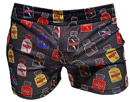 Black mesh sniff print booty shorts with colorful red yellow and blue cartoon bottle graphics all over