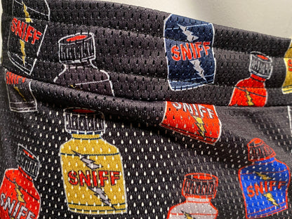Black mesh fabric bag featuring colorful cartoon bottles labeled sniff in red with yellow and blue designs
