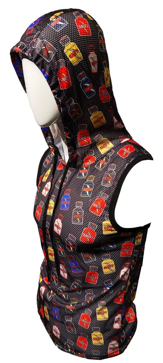 Black mesh hooded vest with colorful liquor bottle label pattern in red yellow blue and purple for sportwear