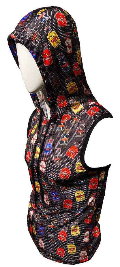 Black mesh hooded vest with colorful liquor bottle label pattern in red yellow blue and purple for sportwear
