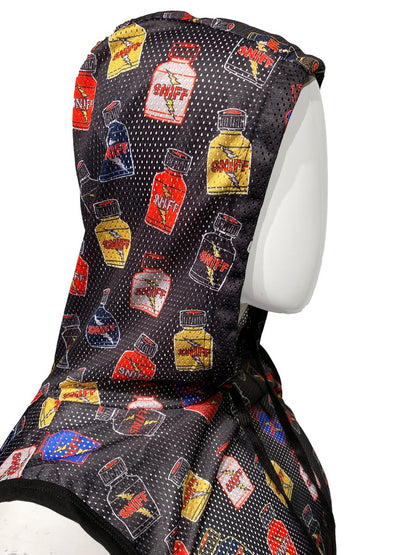 Black mesh hooded tank top featuring colorful repeating sniff bottle pattern in red yellow and blue