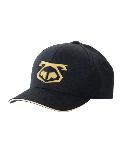 Black baseball cap snout 2-tone cap with gold embroidered logo and white trim along the brim