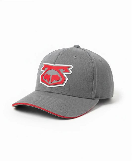 Gray SNOUT CAP 3.0 baseball cap with red and white embroidered logo on the front, durable and stylish headwear