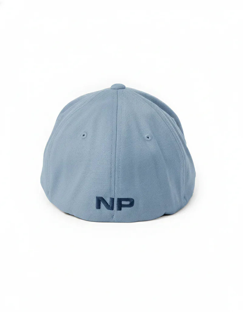 Light blue stretch-fit snout cap 3.0 baseball hat showing embroidered np logo on the back side