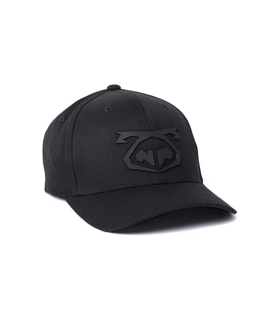 Black snout cap baseball hat with subtle embossed logo on the front made of durable fabric for casual wear