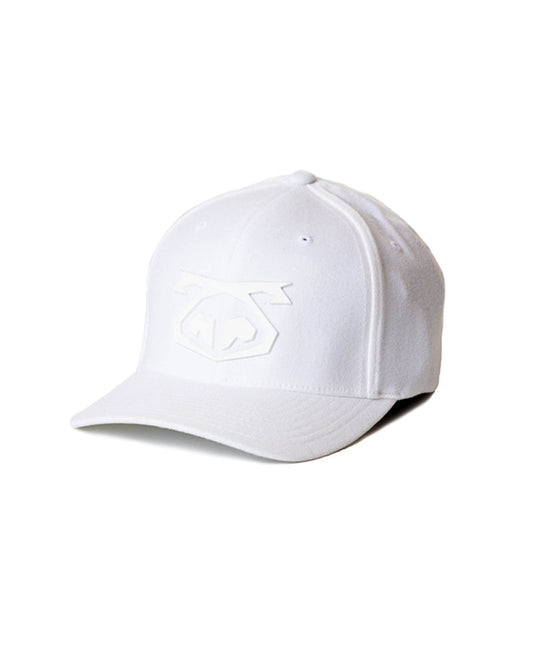 White snout cap baseball hat with subtle embossed logo on front for casual and sportswear use