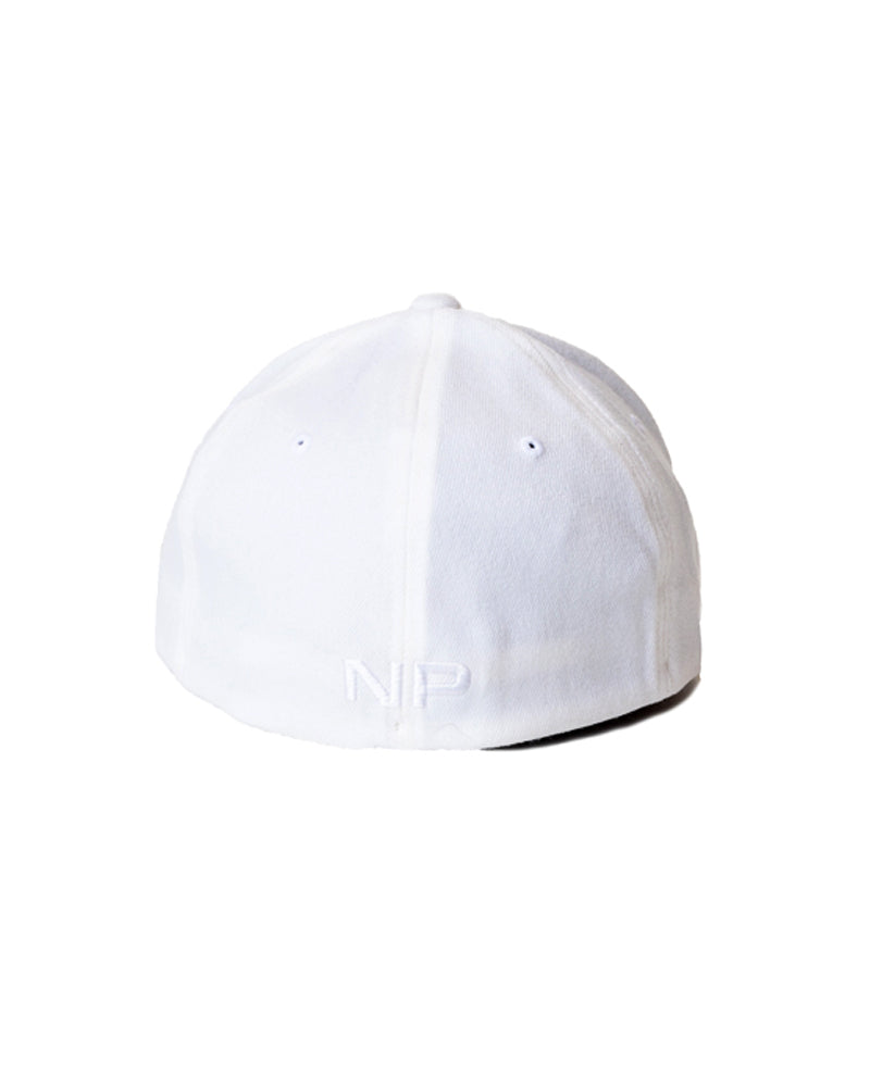 White snout cap baseball hat showing back with subtle embroidered np logo on the cotton fabric