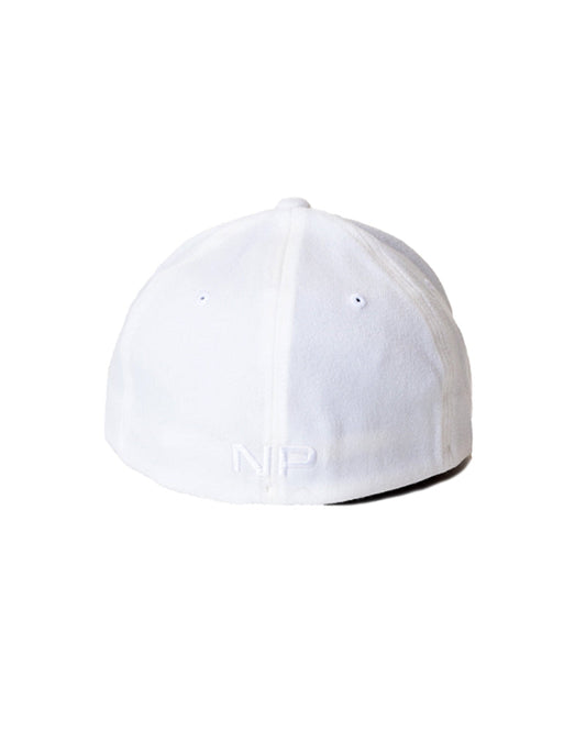 White snout cap baseball hat showing back with subtle embroidered np logo on the cotton fabric