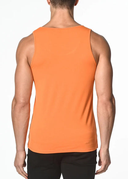 Orange solid stretch jersey sleeveless athletic tank top designed for comfortable activewear use