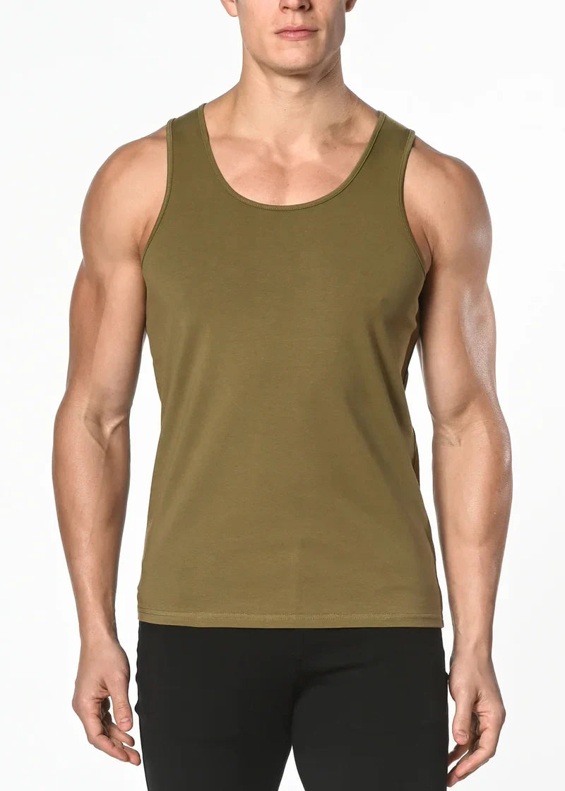 Olive green solid stretch jersey tank top with sleeveless design round neckline and straight hem