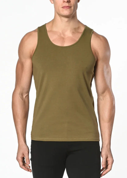 Olive green solid stretch jersey tank top with sleeveless design round neckline and straight hem