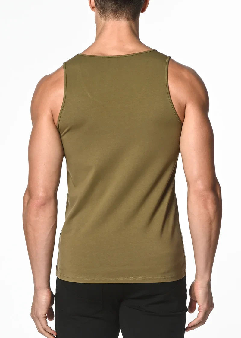 Olive green solid stretch jersey tank sleeveless top with a simple fitted design for casual wear