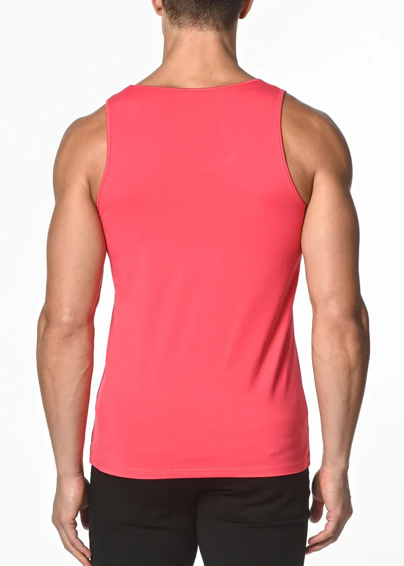 A vibrant coral solid stretch jersey tank top with a fitted sleeveless design perfect for casual wear