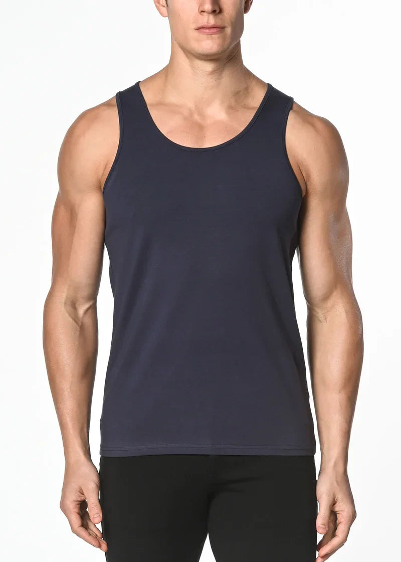 Dark navy blue sleeveless tank top made of solid stretch jersey with a simple fitted design
