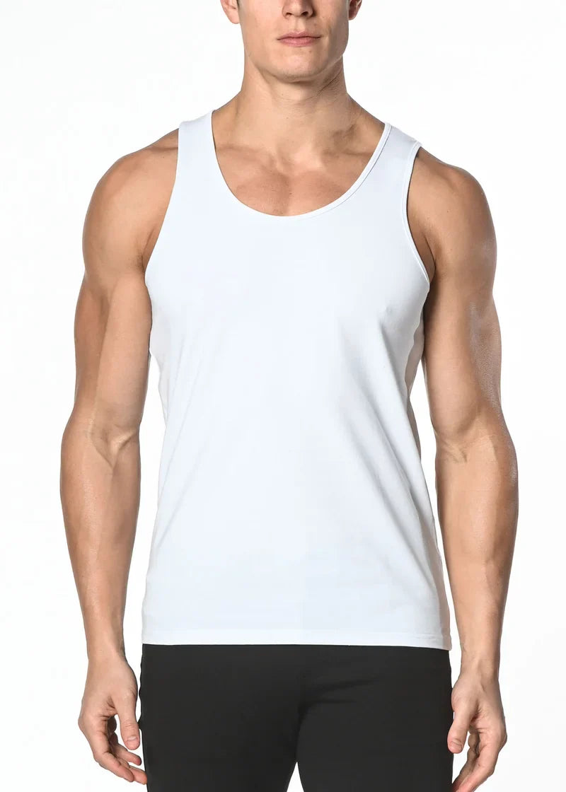 White sleeveless solid stretch jersey tank with simple clean design made from soft stretchy fabric