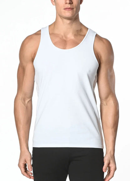 White sleeveless solid stretch jersey tank with simple clean design made from soft stretchy fabric