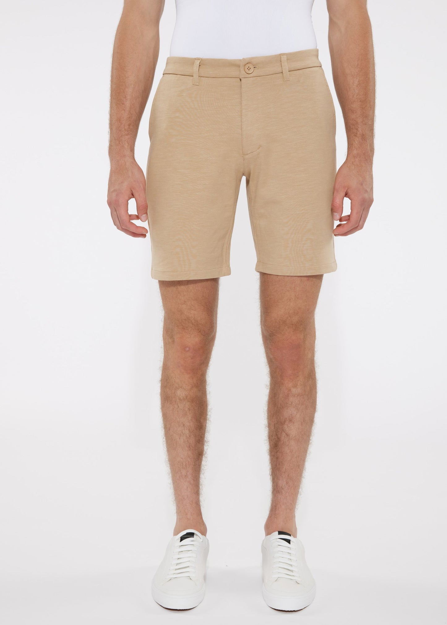 Beige solid stretch knit chino shorts with button closure and belt loop detail for casual wear
