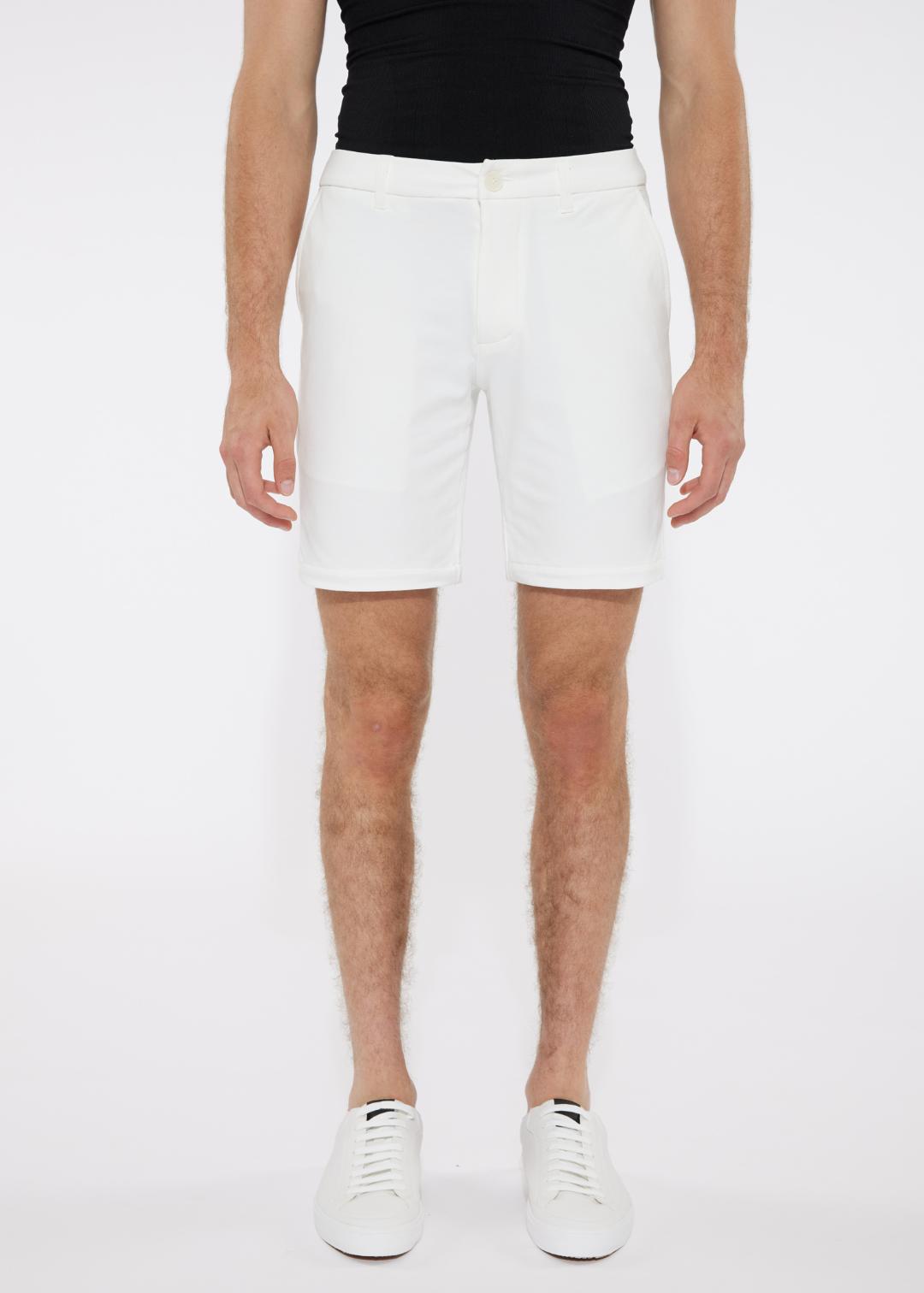 White cotton solid stretch knit shorts with tailored fit and subtle side pockets for comfortable wear
