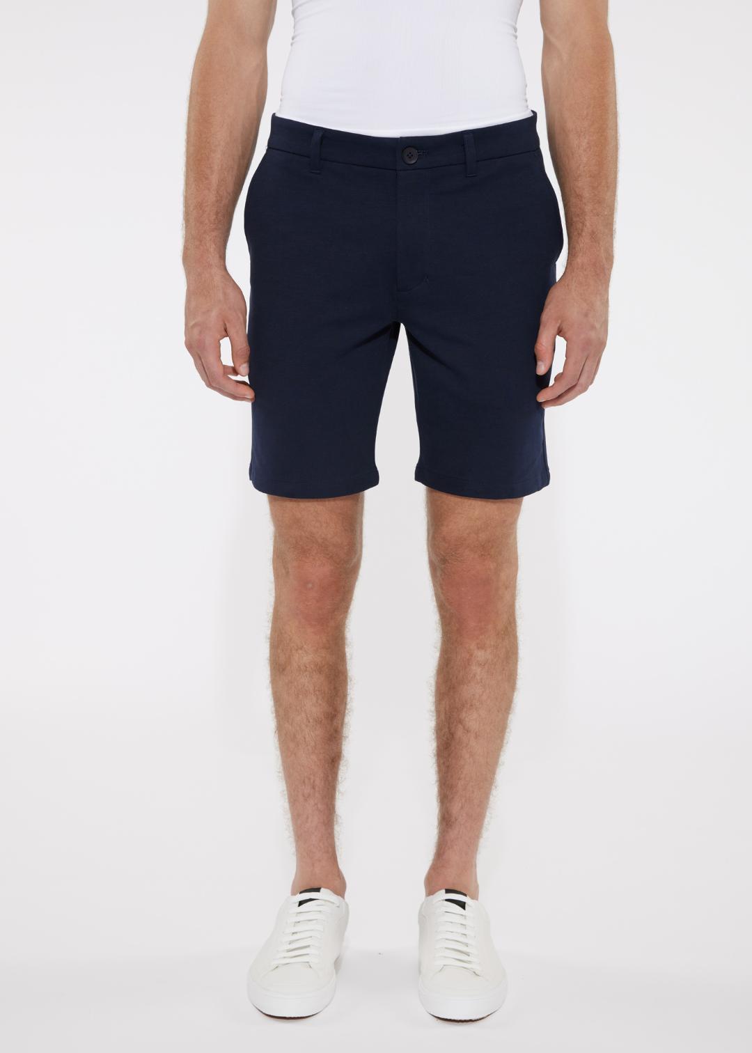 Navy blue solid stretch knit chino shorts with classic fit and button closure for comfortable everyday wear
