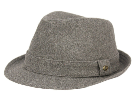 Gray solid wool fedora with subtle textured weave and small brass button on the side in two colors available