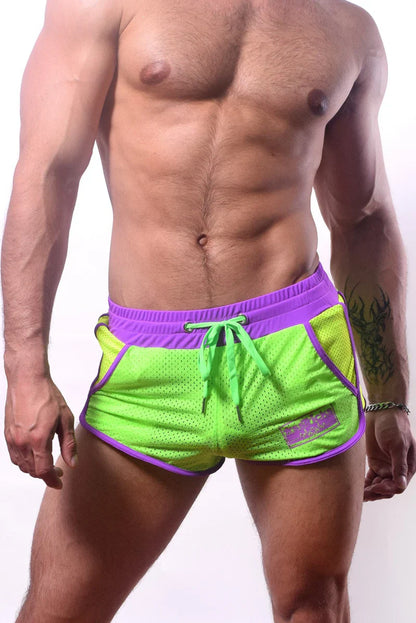Sonic shorts bright neon green and purple mesh athletic shorts with elastic waistband and matching drawstring