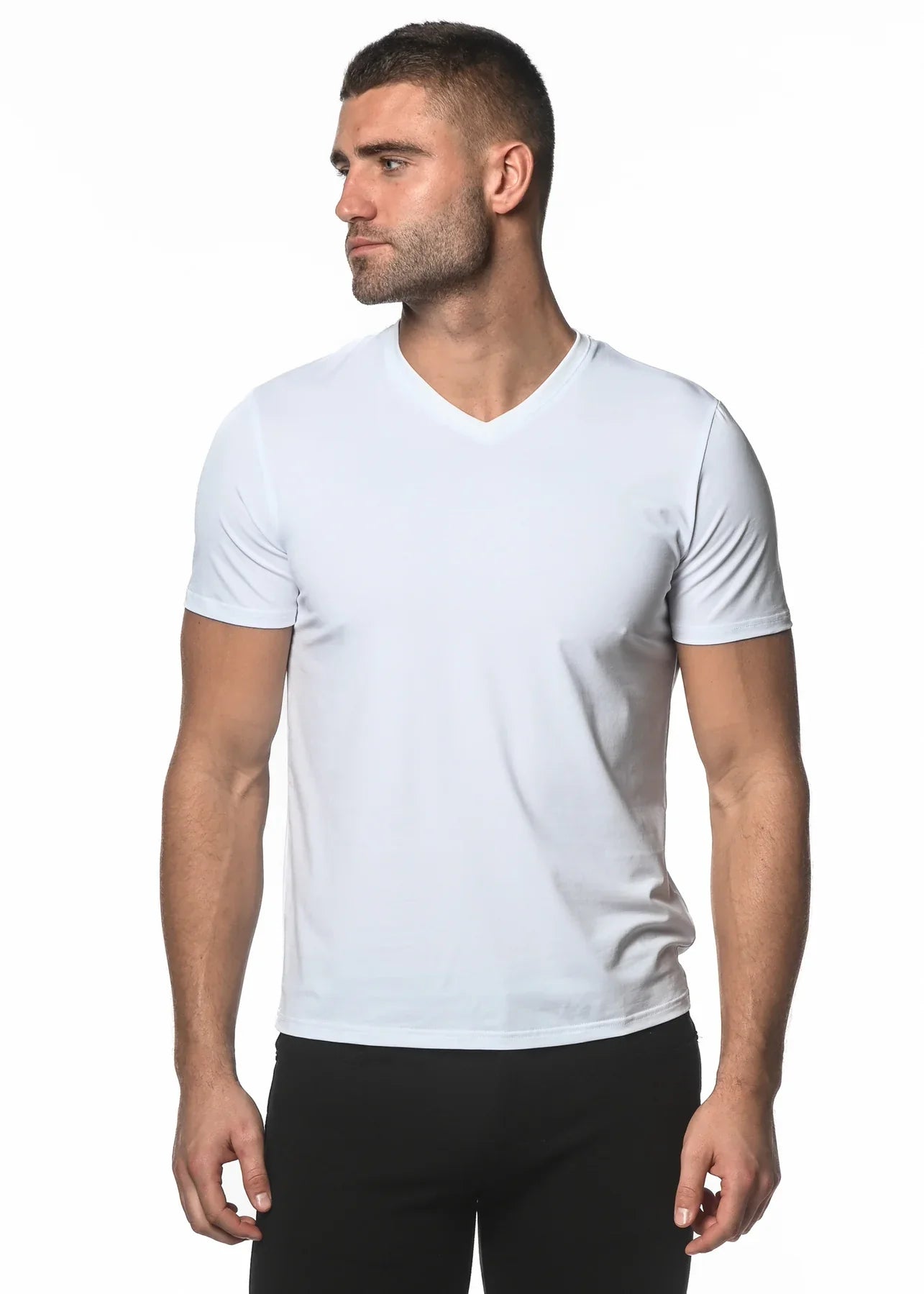 White sorona v-neck tee featuring a short sleeve design made from sustainable sorona fabric for everyday wear